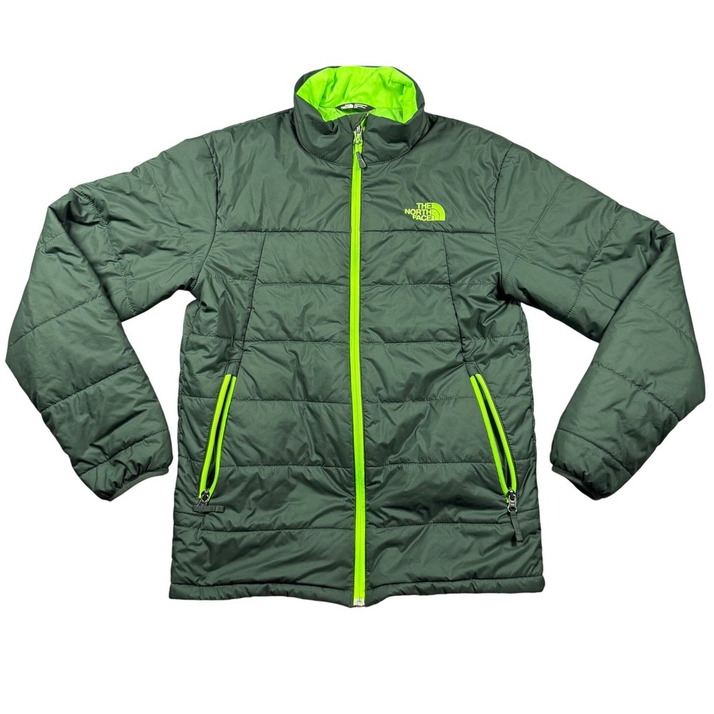 The North‎ Face Mens Puffer Jacket Forest Green Neon Lime Full Zip Quilted Small